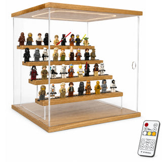 Exklusive Acryl-Vitrine CUBE für LEGO Minifiguren aus hochwertigem Eichenholz und klarem, 4mm starkem Acrylglas.