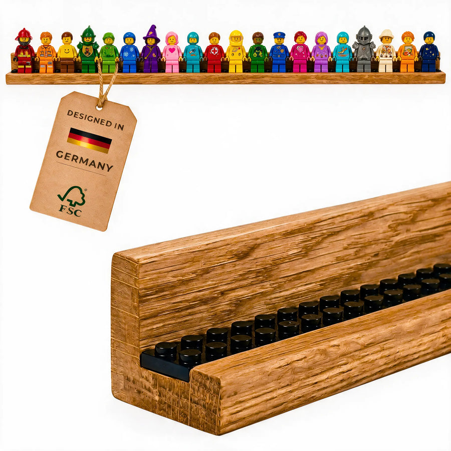 UNIT | Display für bis zu 35 LEGO Minifiguren (60,8 cm), Wanddisplay in L-Form aus Eiche