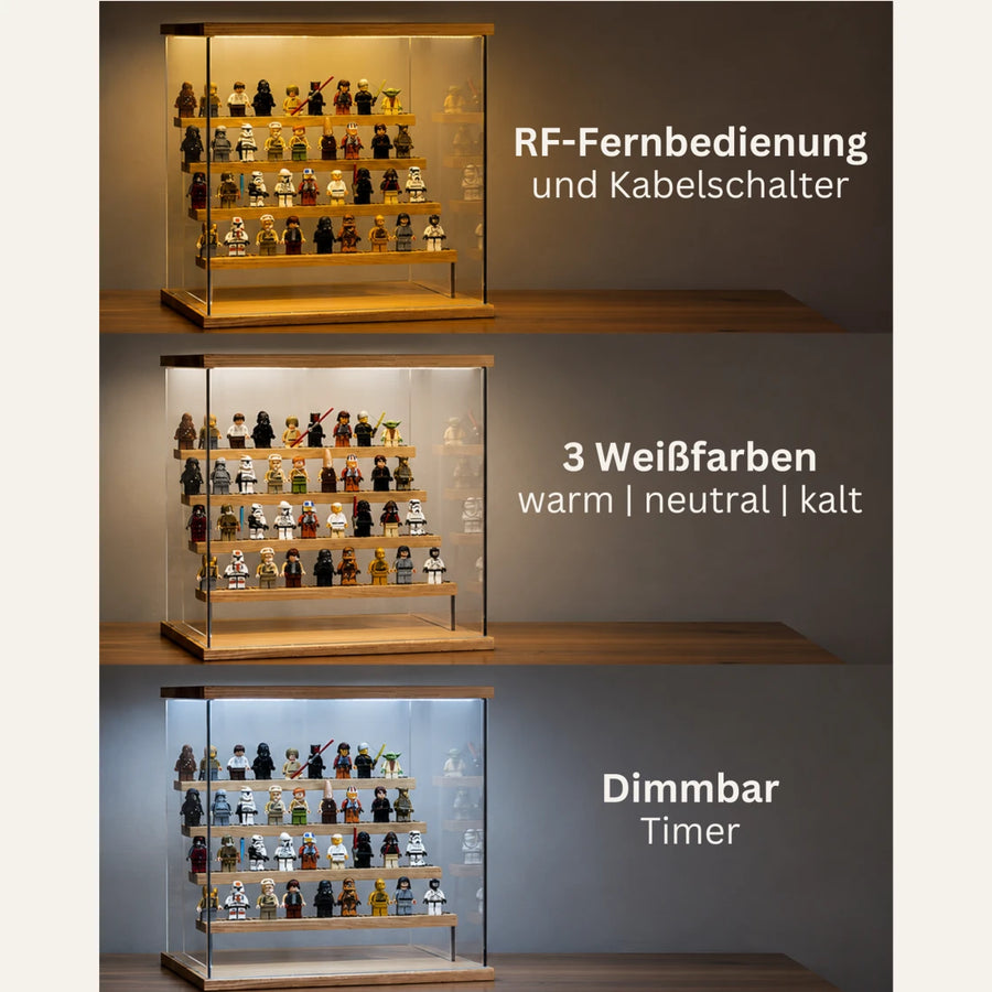 Im Deckel integrierte, stufenlos dimmbare LED-Beleuchtung, steuerbar über Funk-Fernbedienung, drei Weißtöne, Timer-Funktion