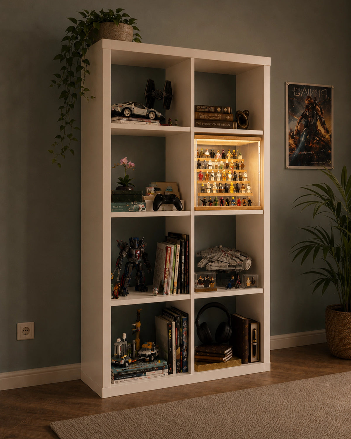 CUBE Vitrine im Kallax Regal mit eingeschalteter LED-Beleuchtung