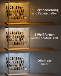 Beleuchteter LEGO Schaukasten aus Eiche mit dimmbarer LED-Beleuchtung, Steuerung per Fernbedienung und Timer.