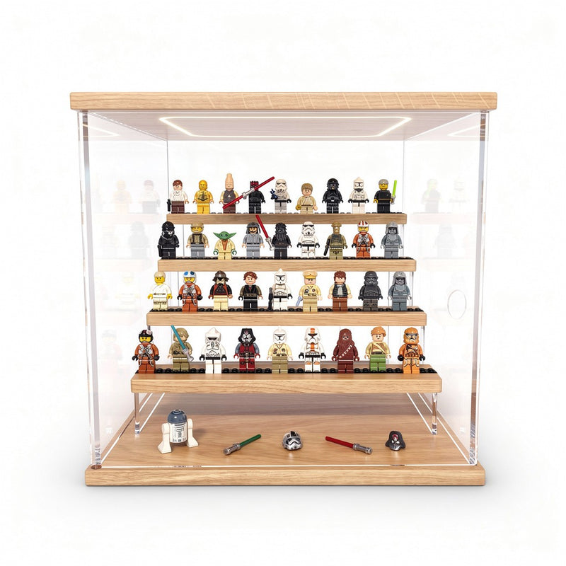Sammler Vitrine CUBE für Minifiguren mit dimmbarer LED-Beleuchtung im Deckel aus 4mm Acrylglas