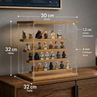 Abmessungen / Maße des Schaukastens für LEGO Minifiguren aus Eichenholz und Acryl