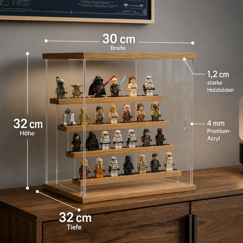 Abmessungen / Maße des Schaukastens für LEGO Minifiguren aus Eichenholz und Acryl